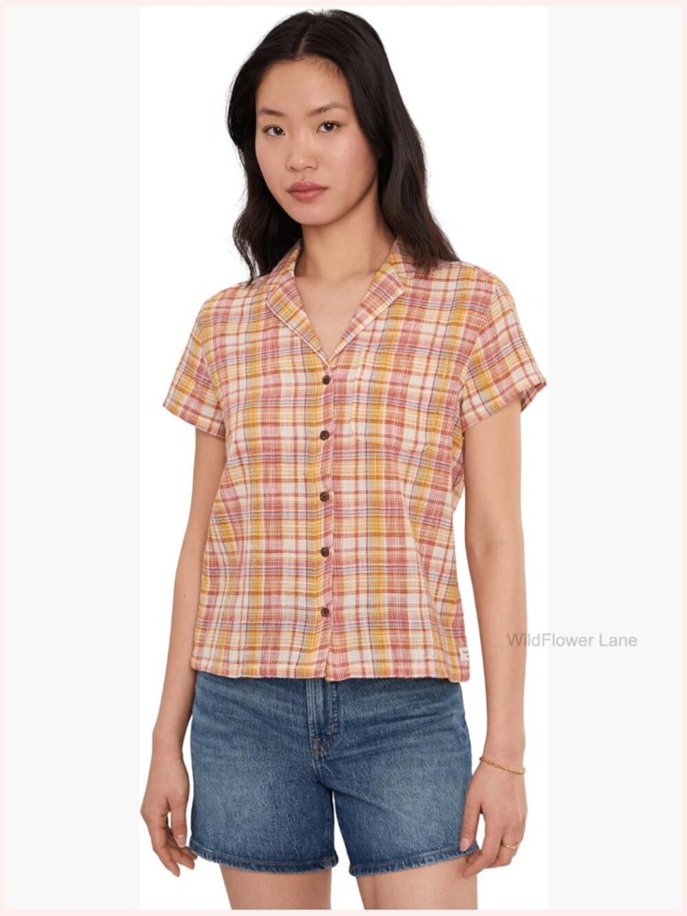 Relaxed Camp Collar Button-Down Shirt Lightweight Cotton Plaid Short Sleeve